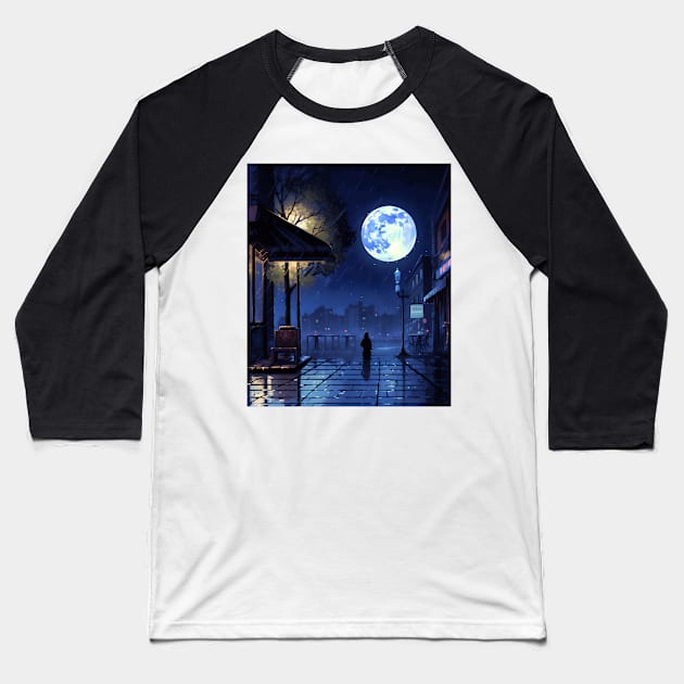 32-bit pixel art Blue Moon Cafe on Rainy Night Baseball T-Shirt by Saypan Arts